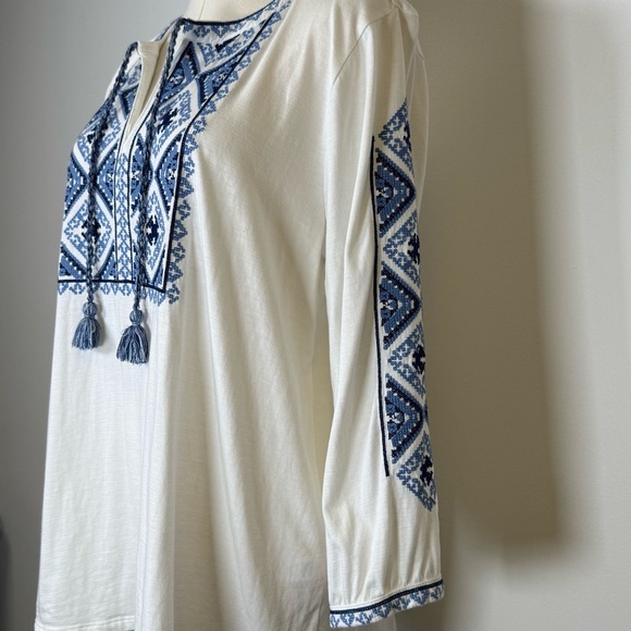 J.Jill Embroidered Knit Peasant Boho Top 3/4 Sleeves Cotton Women’s Size Medium - Picture 6 of 8